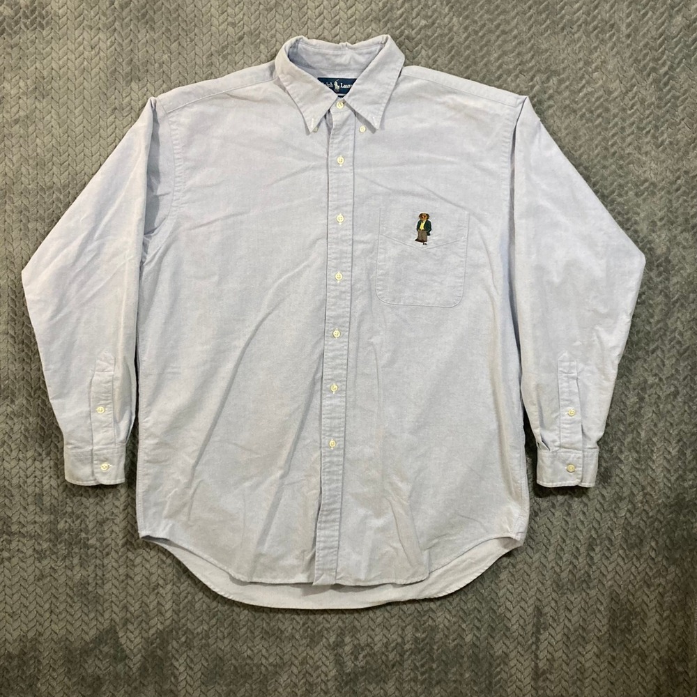 Ralph Lauren Shirt Mens L Blake Light Blue Polo Flesh Bear Button-down Vintage